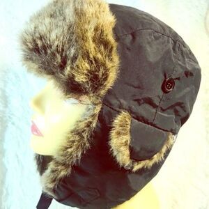 D&Y Trapper Fun Fur Lined Ear Hat Black Y